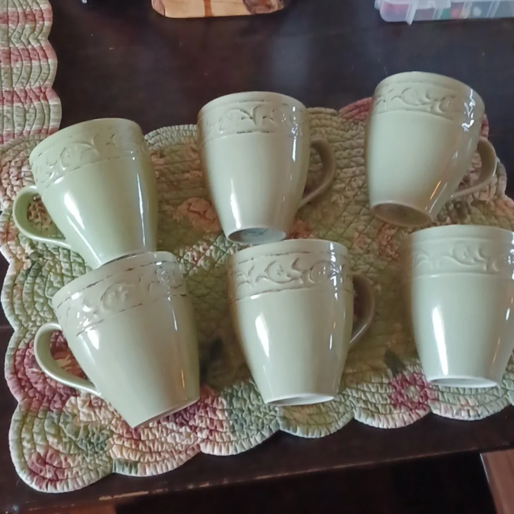 Pier 1 Imports ANTIQUE FLORAL Green Mugs Set of 6